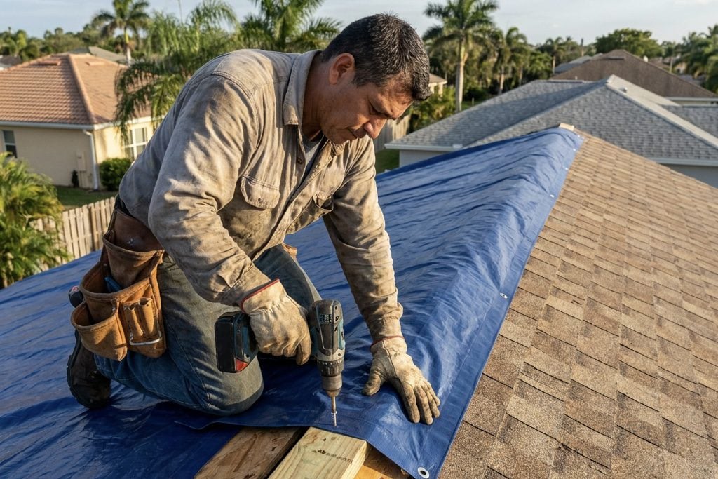 Man securing tarp on roof