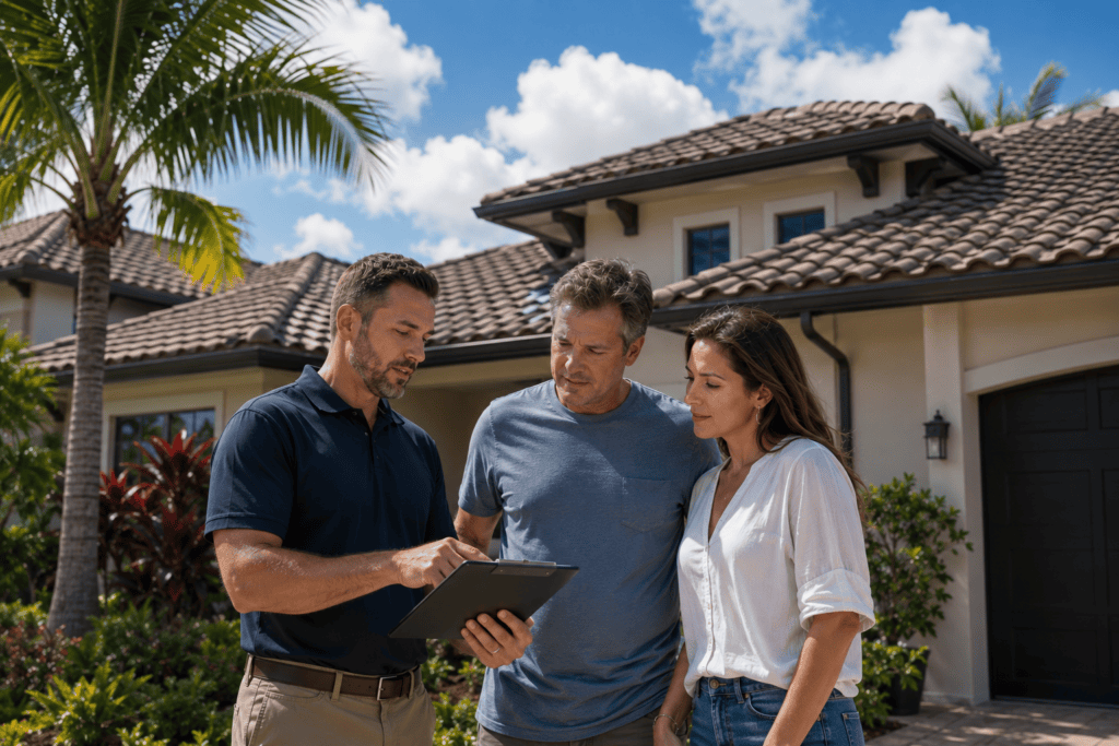 Three people discussing home repairs outdoors.