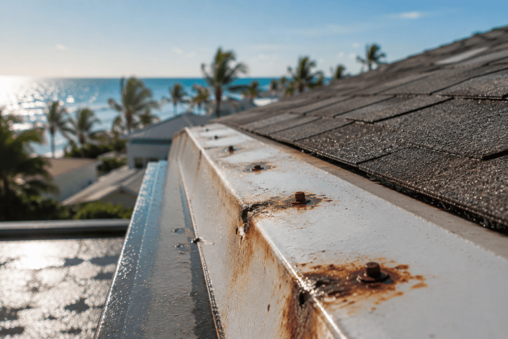 Rusty roof edge near ocean view