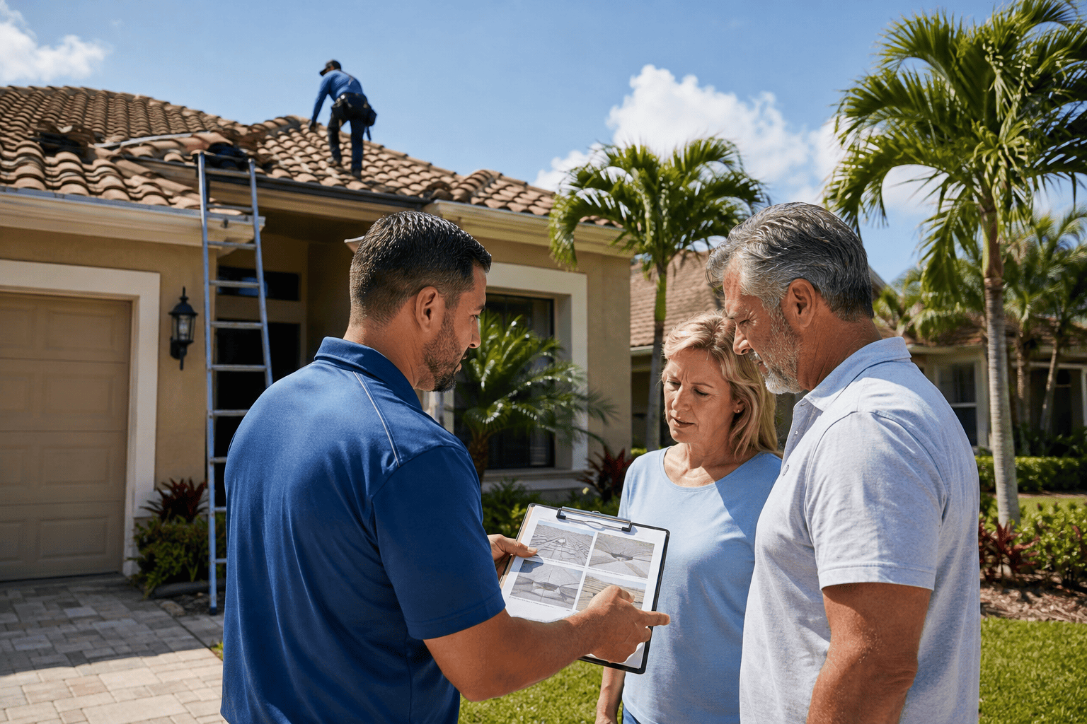 Homeowners discussing roof inspection details