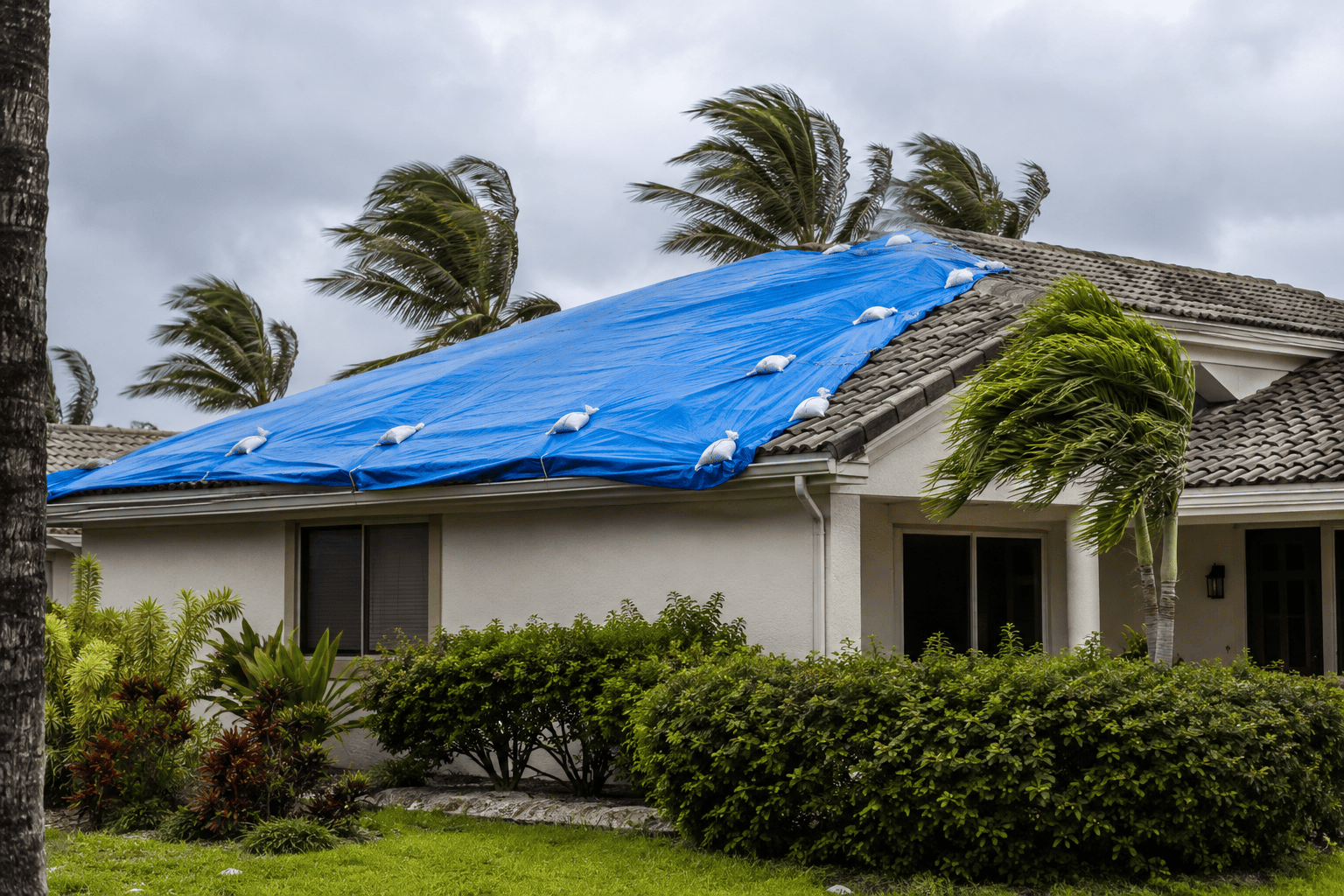 Blue tarp covering damaged roof