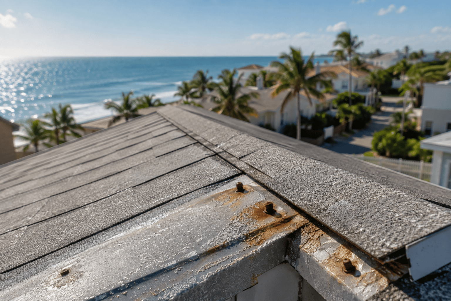 Rusty roof edge overlooking ocean