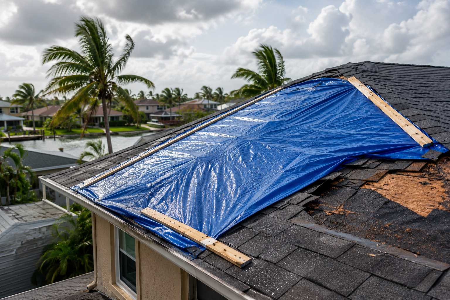 Blue tarp covering damaged roof