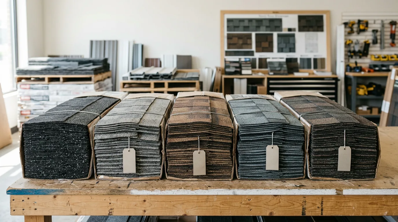 Best shingle brands compared, bundles of architectural asphalt shingles in black, gray, brown and blue blends on a workbench