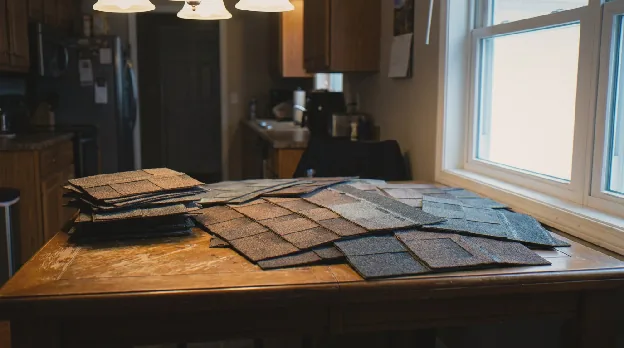 Roofing shingle color samples in gray and brown blends spread across a kitchen table for comparison