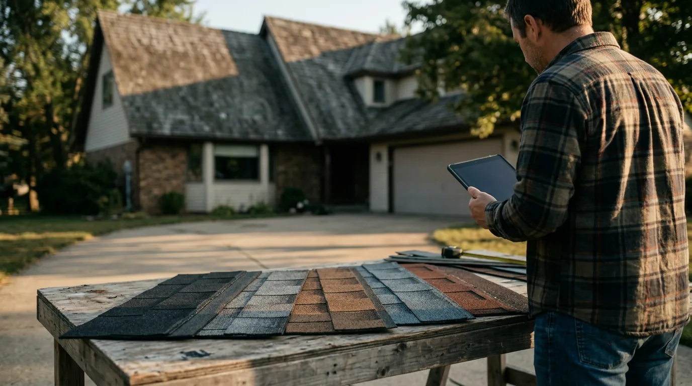 Homeowner on a tablet comparing roofing shingle colors and styles beside shingle samples laid out in front of his house