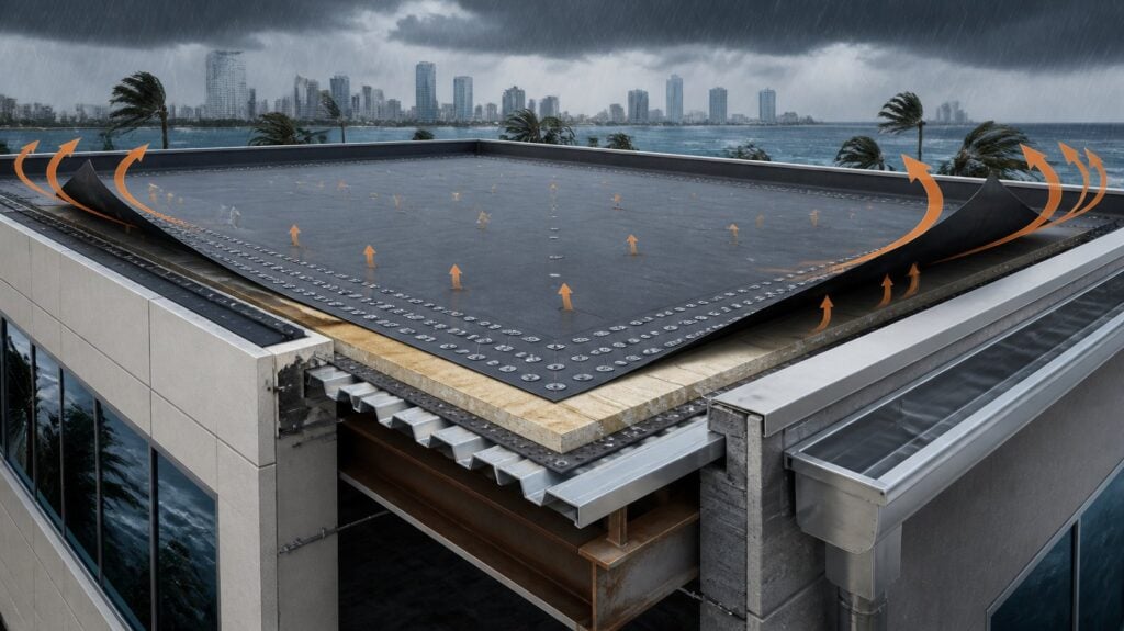Cutaway of a commercial flat roof showing wind uplift pressure at the corners and edges of the membrane during a hurricane
