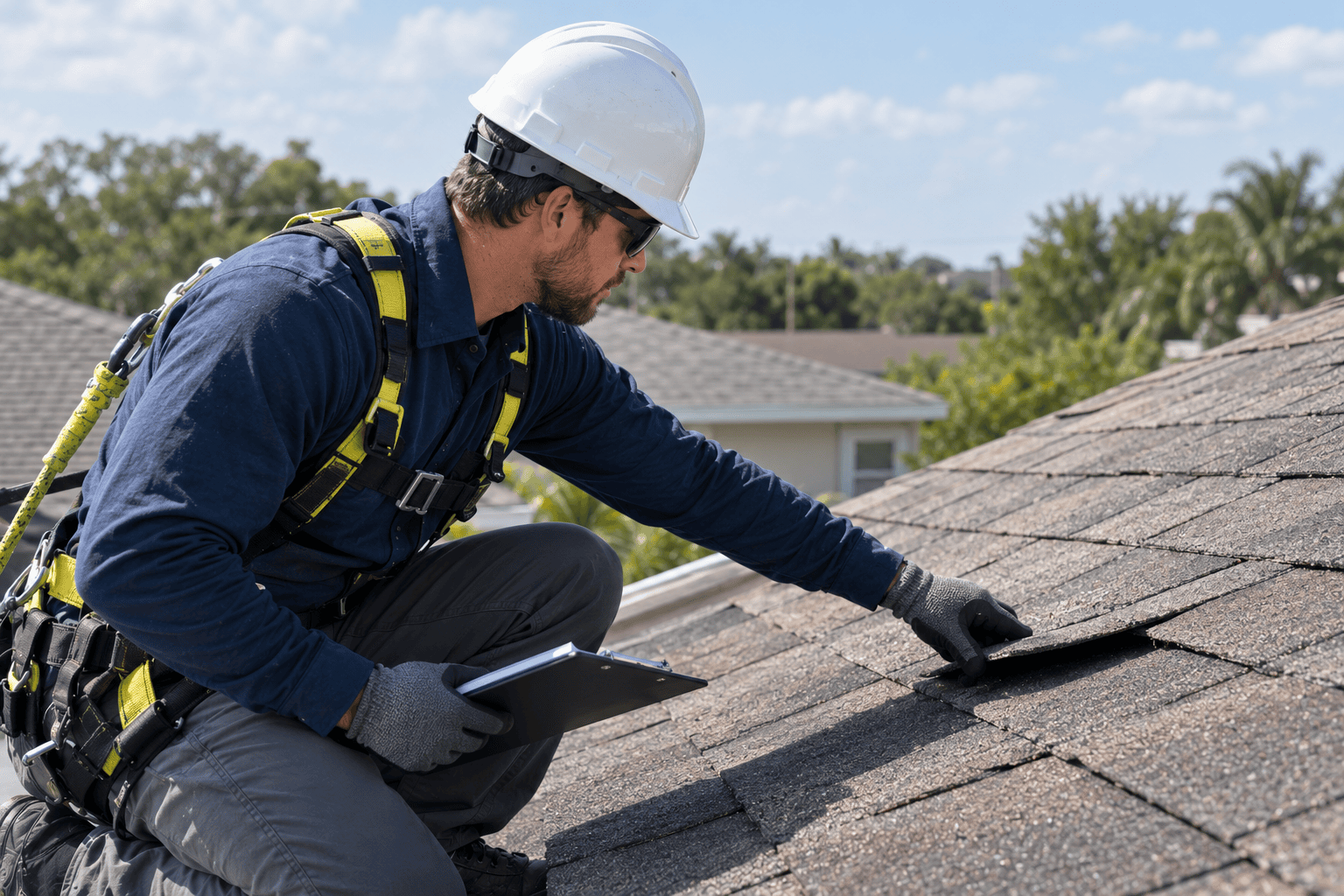 Contractor inspecting roof shingles carefully
