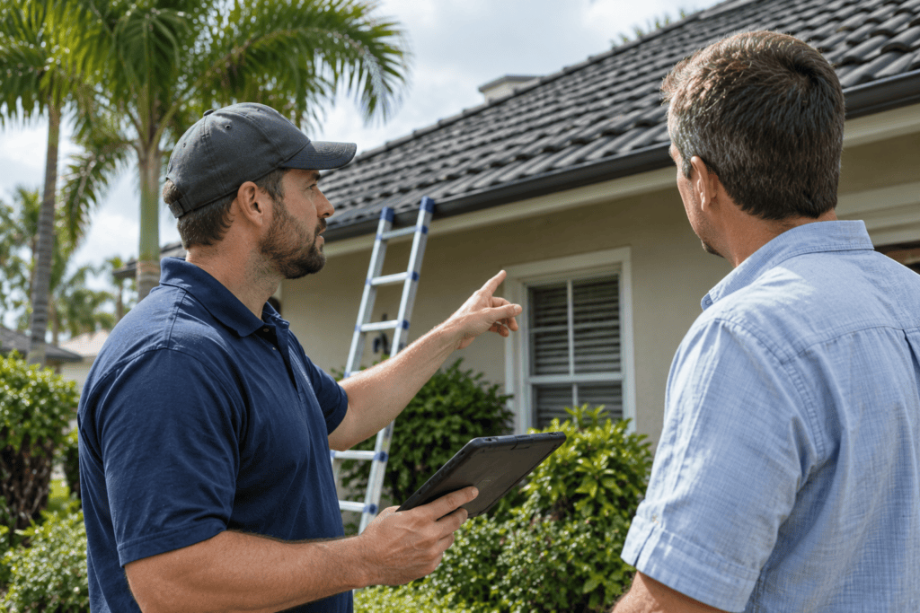 Contractor discussing roof with homeowner.